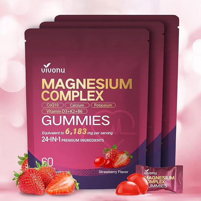 24-in-1 Magnesium Gummies 6183mg Magnesium Complex for Women and Men &amp Kids with Magnesiums Glycinate Citrate Malate Vitamin D3 K2 CoQ10 Zinc Potassium Sleep Heart Support Strawberry 3 Ba