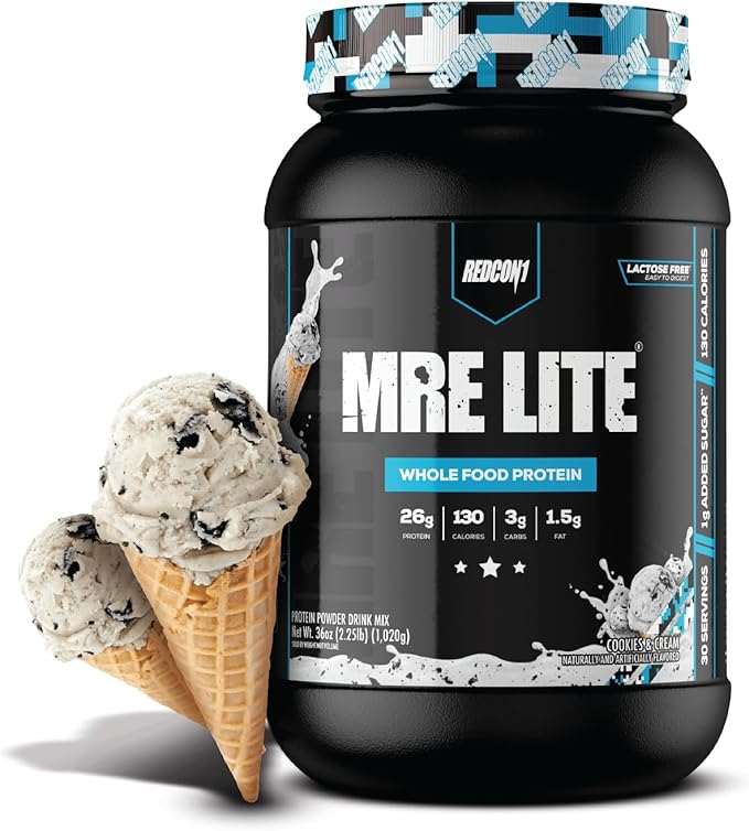 REDCON1 MRE LITE Whole Food Protein Powder Cookies &amp Cream - Lactose Free Meal Replacement with Animal Protein Blends - Easy to Digest Formula - Only 3g Carb per Serving (30 Servings)
