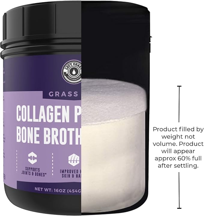 16oz Bone Broth Powder with Grass Fed Collagen Peptides - Unflavoured Zero Carb Dairy Free No Additives No Fillers - Natural Source Type I and III - Grass Fed Bone Broth Collagen Powder