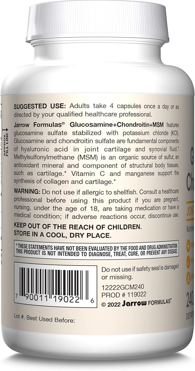 Jarrow Formulas Glucosamine Chondroitin and MSM Capsules Joint Support Supplement with Vitamin C and Manganese Bone &amp Joint Health 240 Capsules 60 Day Supply