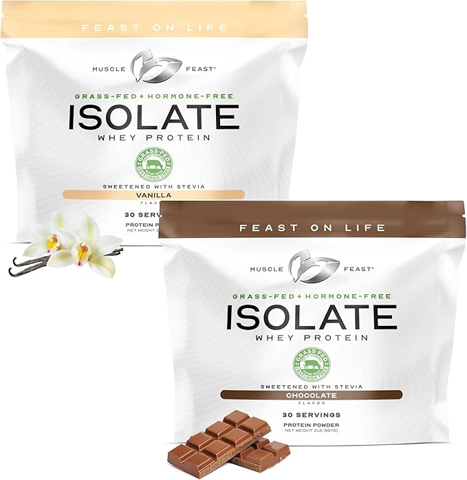 Muscle Feast Grass-Fed Whey Protein Isolate Bundle – Vanilla &amp Chocolate 2lb Each (4lb Total) – All Natural Hormone-Free Low Carb Stevia Sweetened Keto &amp Gluten-Free Protein Powder