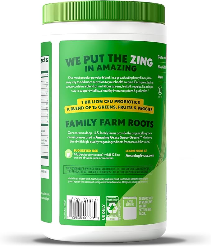 Amazing Grass Greens Blend Superfood: Super Greens Powder Smoothie Mix with SpirulinaChlorellaBeet Root PowderDigestive Enzymes &amp ProbioticsBerry60 Servings (Packaging May Vary)(Pack of 2)