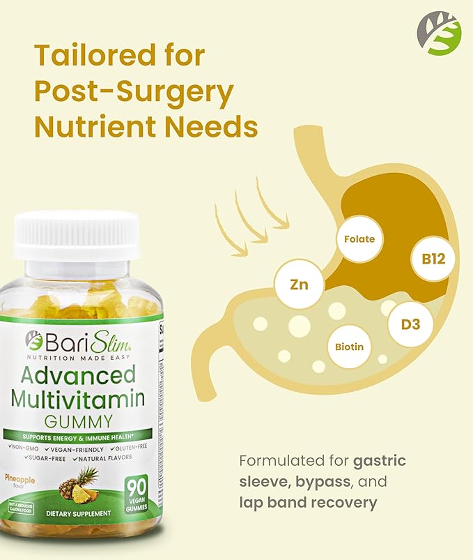BariSlim Advanced Bariatric Multivitamin Gummies - Specially Formulated Bariatric Vitamins for Patients After Weight Loss Surgery - Supports Energy &amp Immune Health | Pineapple (90 Vegan Gummies)