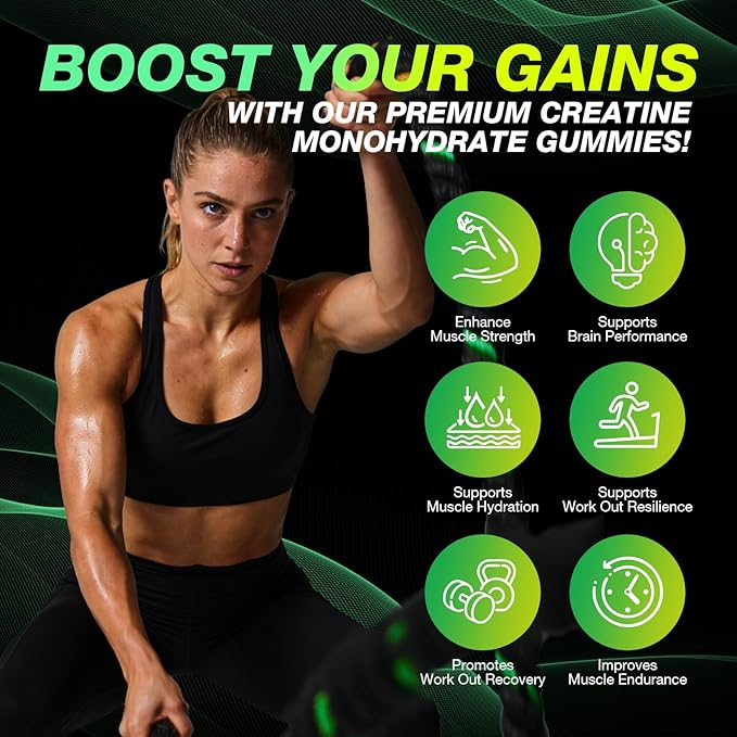 Creatine Monohydrate Gummies 8500MG for Men &amp Women - Creatine Gummies Sugar Free Pre Workout Promote Muscle Growth Boost Strength &amp Energy 120 Count Green Apple