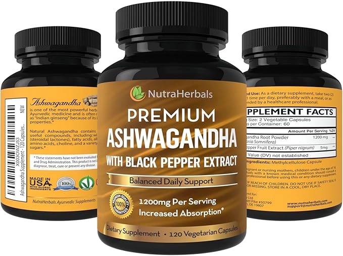 Ashwagandha Supplement Made with Premium Ashwaganda Root Powder 1200mg with Black Pepper Extract for Increased Absorption - 120 Capsules