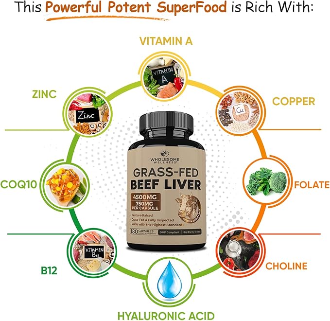 Wholesome Wellness Grass Fed Desiccated Beef Liver Capsules (180 Pills 750mg Each) - Natural Iron Vitamin A B12 for Energy - Raised Undefatted in New Zealand Without Hormones or Chemicals