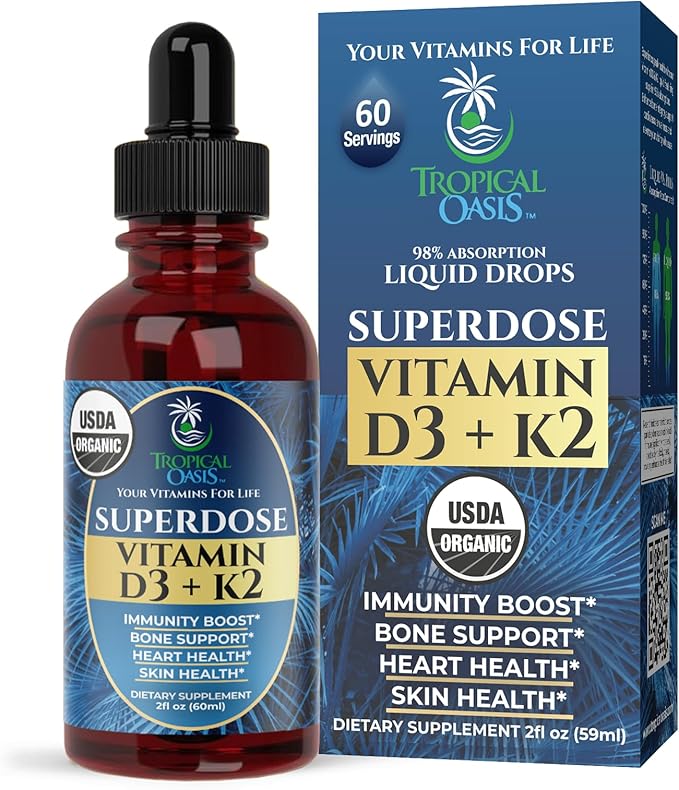 USDA Organic Liquid Vitamin D3 K2 Drops for Adults | Superdose 8000IU Pure Vitamin D3 | 60 Serv | Vitamin D K2 Supplement for Immune Support &amp Bone Health | 98% Absorption | Vegan Non-GMO | 2 Fl