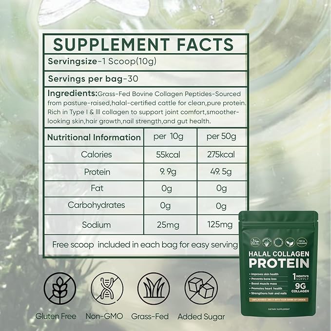 Halal Collagen Protein Powder Grass-Fed Collagen Peptides Powder Type I&ampIII 100% Hydrolyzed for Hair Skin Nails Gut Bone &amp Joint Health for Women and Men Sugar Free Unflavoured (1)