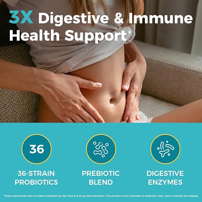 NewRhythm Probiotics 120 Billion CFU 36 Strains 3-in-1 Probiotics for Digestive Health &amp Immune Support with Prebiotics &amp Enzymes Probioticos for Women &amp Men Vegan Targeted Release Supp