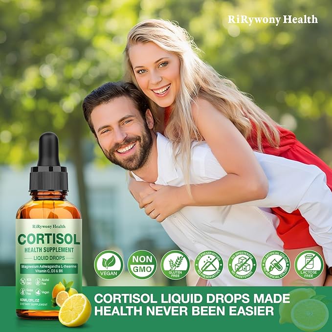 Cortisol Supplement for Women &amp Men - Cortisol Detox Reducer Magnesium Glycinate Ashwagandha L-Theanine Phosphatidylserine - Hormone Balance for Calm Mood Focus Sleep (2 FL.OZ Lemon)