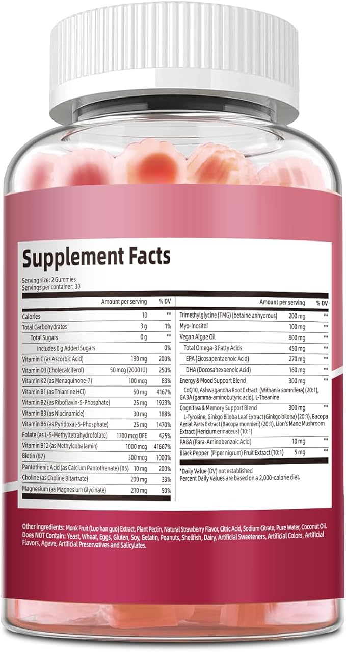Ultra Methylated Vitamin B Complex Sugar Free Gummies - All B Vitamins + Vitamin C D3 K2 Ashwagandha Magnesium Omega 3 CoQ10 for Women Men - Methyl Vitamin B12 Methylfolate B1 B2 B3 B5 B6 B7 B9