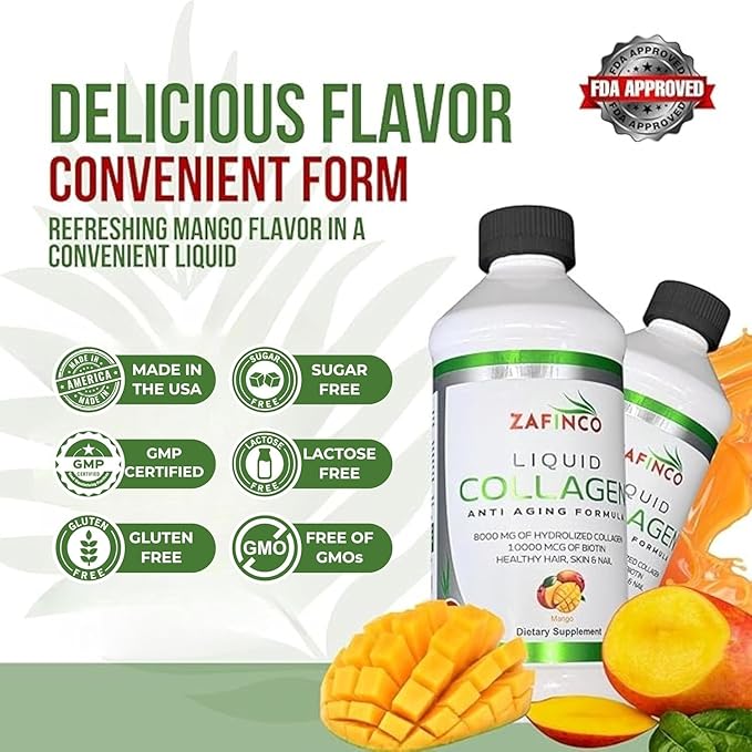 ZAFiNCO Liquid Collagen Peptides for Women &amp Men-Mango Flavored 10000 mcg Biotin+8000 mg HydrolyzedSugar Free Premium Juice for Anti-AgingSkinHairNails &amp Joints -16 Fl oz-Made in USA (2Pac