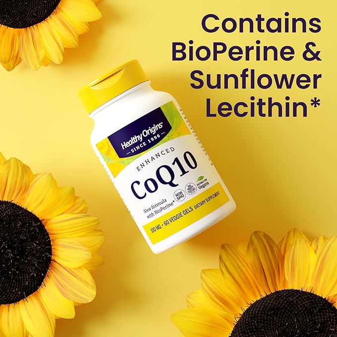 Healthy Origins Natural Enhanced CoQ10 (BioPerine®) 100 mg - Heart Health &amp Energy Supplement - Gluten-Free &amp Non-GMO Supplements with BioPerine &amp Sunflower Lecithin ((Pack of 1) 150 Veg