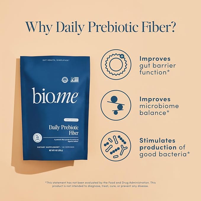 Bio.me Daily Prebiotic Fiber Powder Unflavored - 7g Per Serving - Soluble &amp Insoluble Fiber Supplement Powder for Women &amp Men - Digestive Health &amp Gut Health - GLP-1 Friendly Sugar Free -