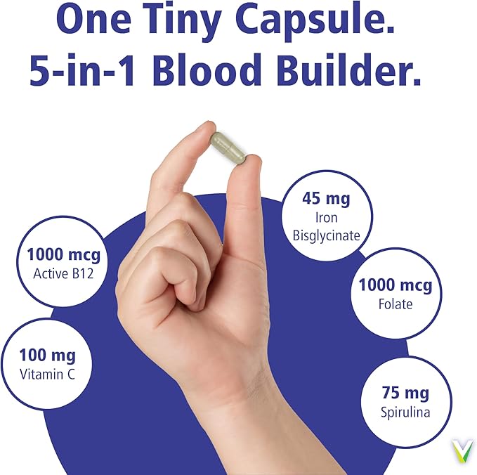 VITALITY Power Iron + Spirulina | 45mg Iron | Blood Builder | Iron Deficiency Support | Vegan | All Natural Supplement | Gentle on Stomach | Capsules… (60 Count (Pack of 1))