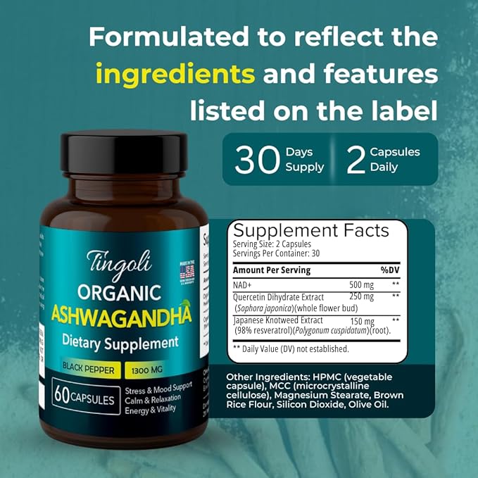 Organic Ashwagandha 1300mg with Black Pepper for Enhanced Absorption | Stress &amp Mood Support Calm &amp Relaxation Energy &amp Vitality | Vegan Non-GMO | 60 Capsules | Made in USA