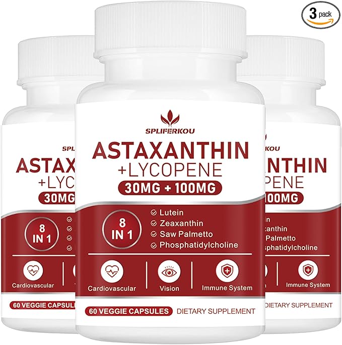 Astaxanthin and Lycopene 70mgAstaxanthin Supplement with Phosphatidylcholine Lutein and Zeaxanthin Powerful Antioxidants Supplement (180 Capsules)