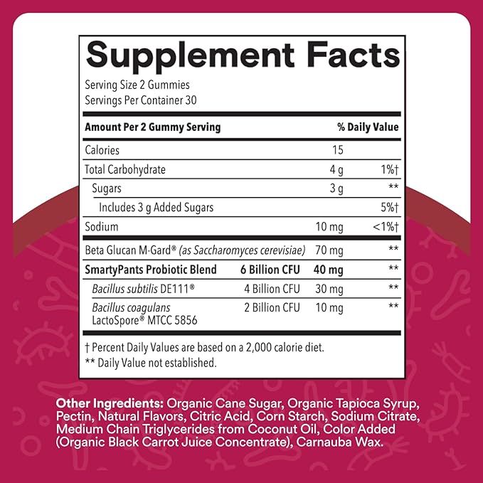 SmartyPants Adult Probiotic &amp Prebiotic Gummies for Digestive Health: 6 Billion CFU Gut Health Supplement Clinically Studied Prebiotic for Immune Support Grape 60 Count (30 Day Supply)