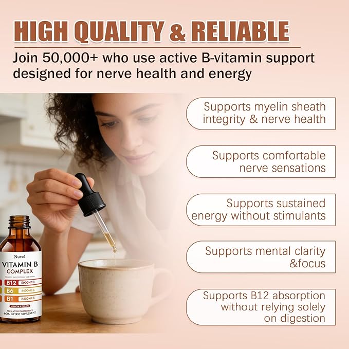 Nuvel Vitamin B Complex Drops with B12 B1 B6 5-in-1 Vitamin B Liquid Supplement for Daily Wellness