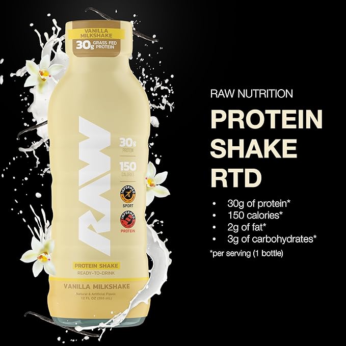 RAW Ready-to-Drink Protein Shake Vanilla - RTD Protein Drinks with Grass-Fed Whey Protein Isolate for Post-Workout - Zero-Sugar &amp Gluten-Free Meal Replacement Drink &amp Breakfast Shake 12 Fl O
