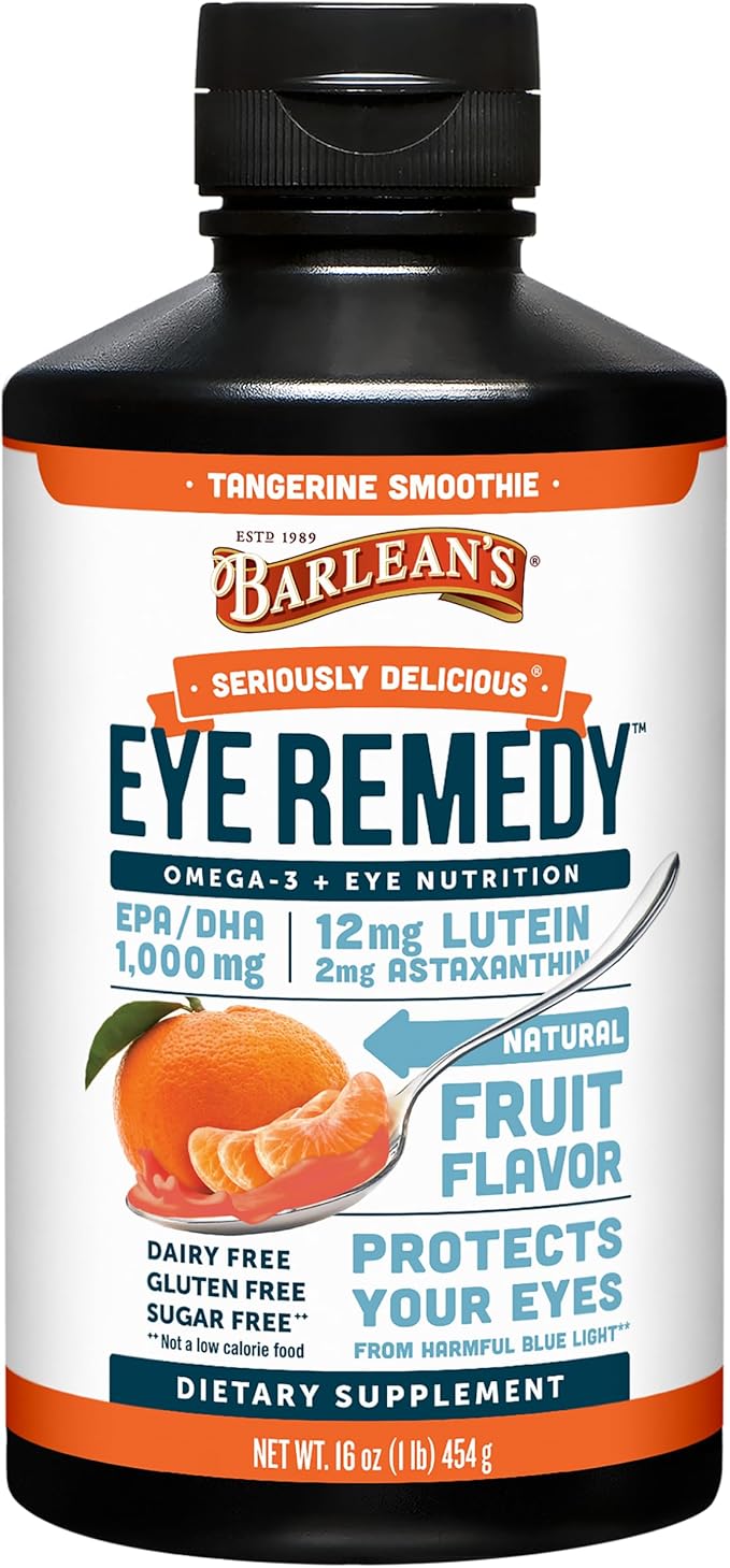 Barlean's Eye Remedy Supplement Tangerine Flavored Fish Oil Liquid with Lutein Astaxanthin and Zeaxanthin1000mg Omega 3 EPA DHA Eye Care Supplements 16 oz
