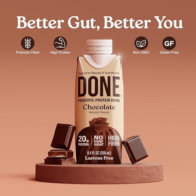 Done Prebiotic Protein Drink Chocolate 20G Whey Protein High Fiber Protein Shake With Prebiotics Gluten Free Lactose Free No Added Sugar Natural Flavor Non GMO 8.4 FL Oz Each 15 Pack