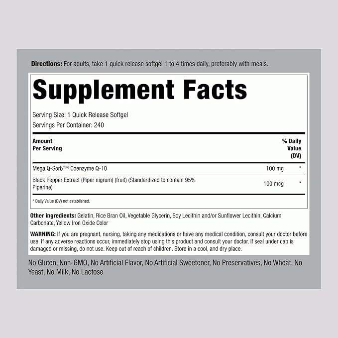 Piping Rock CoQ10 100mg | 240 Softgels | Enhanced Absorption Supplement for Women and Men | Non-GMO Gluten Free
