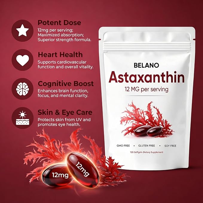 Astaxanthin 12mg Rovina Astaxanthin Supplements Softgels Supports Immune System Skin Eye and Joint Health for Daily Wellness Easy-to-Swallow Non-GMO Gluten Free 120 Softgels