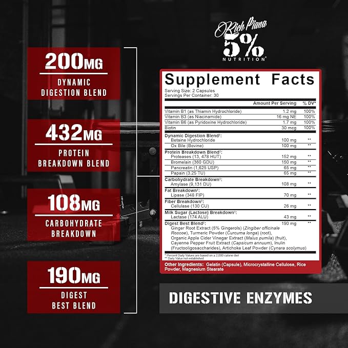 5% Nutrition Rich Piana Digestive Enzymes w/Vitamin B Complex | Enzymes for Protein Carb Fat Fiber &amp Lactose Breakdown | Betaine Bromelain Papain (Papaya) Lipase Lactase 60 Veg Caps (30 Sv