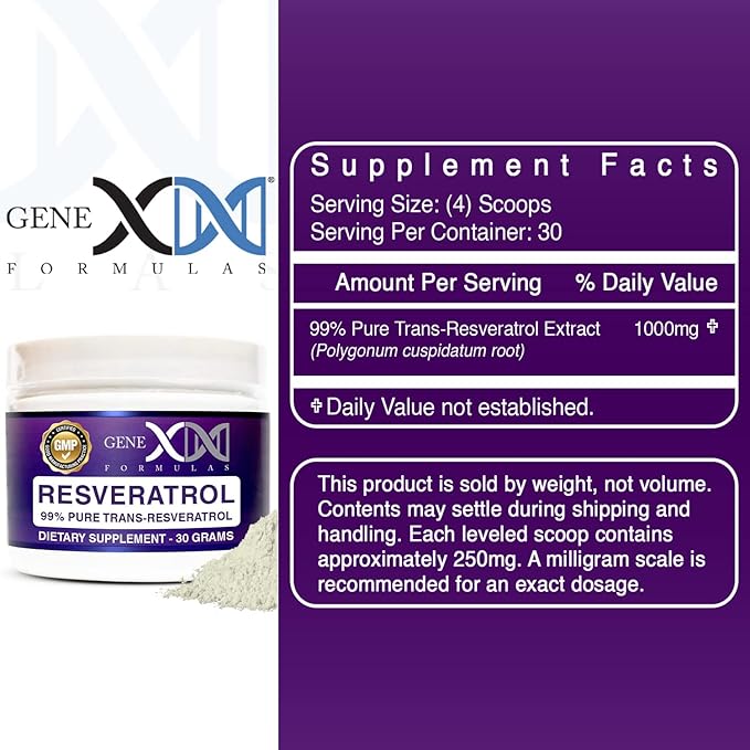 GENEX Trans Resveratrol 1000mg Powder Serving 99% Pure Micronized Pharmaceutical Grade | 30 Servings/30Grams | 1 Gram Per Day 30-Day Supply Made in a GMP &amp NSF Certified Facility