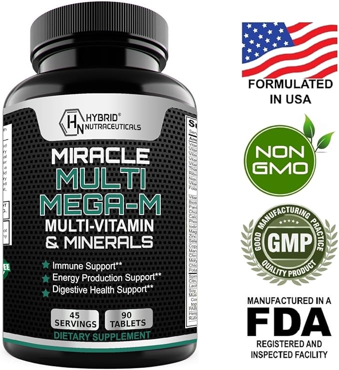 MiracleMulti MEGA-M Multivitamin for Men and Women - Vitamins Minerals Probiotics Enzymes Mushroom Complex Anti-Oxidants Organic Superfood Blend Non-GMO - 180 Tablets