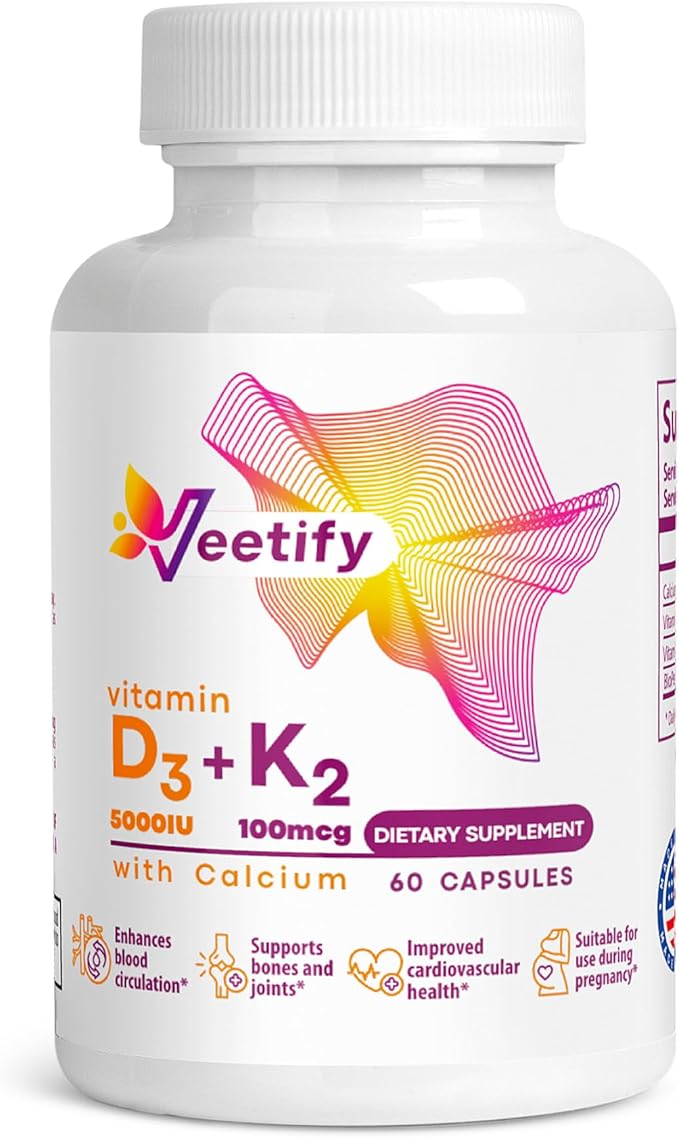 Vitamin D3 (5000 IU) + K2 (100 mcg as MK-7) with Calcium – High Absorption Supplement for Bone Heart &amp Immune Health – 60 Veggie Capsules