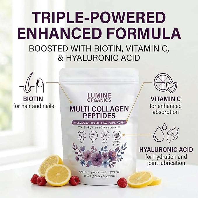 Lumine Organics Collagen Multi Collagen Peptides PowderType IIIIIIVX with BiotinHyaluronic Acid PowderVitamin CNon-GMO-1bag