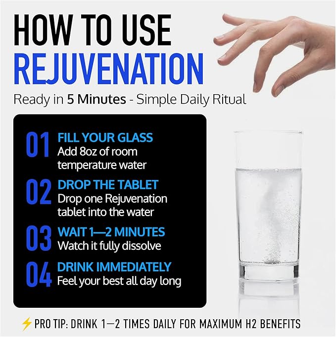 DRINK HRW Rejuvenation Molecular Hydrogen Water Tablets: 12 ppm H2 Patented USA Made IHSA-Certified Hydrogen &amp Magnesium Supplement. Supports Energy Recovery Cognitive Function (Unflavored 3