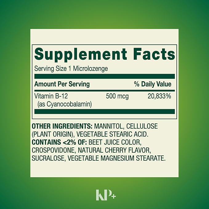 KP+ Spring Valley Vitamin B12 | B12 500 mcg Vitamin Supplement | Metabolism Support | Natural Cherry Flavor | 200 Microlozenges | Pack of 2