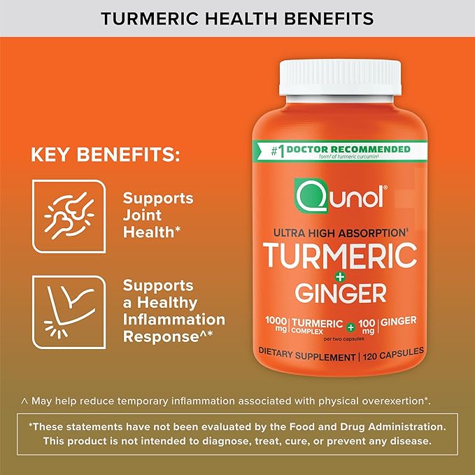 Qunol Turmeric and Ginger Capsules 1000mg Turmeric Supplement Ultra High Absorption to Support Joint Health #1 Doctor Recommended Form of Turmeric Curcumin 120 Count (Pack of 1)