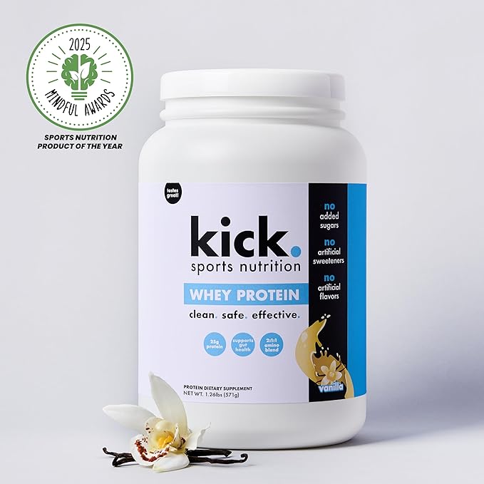 Kick Whey Protein Powder Vanilla Flavor 25 G Protein Gluten Free Workout Supplement With Amino Acids to Support Fitness Goals &amp Digestive Wellness No Added Sugar No Artificial Flavor 16 Serv