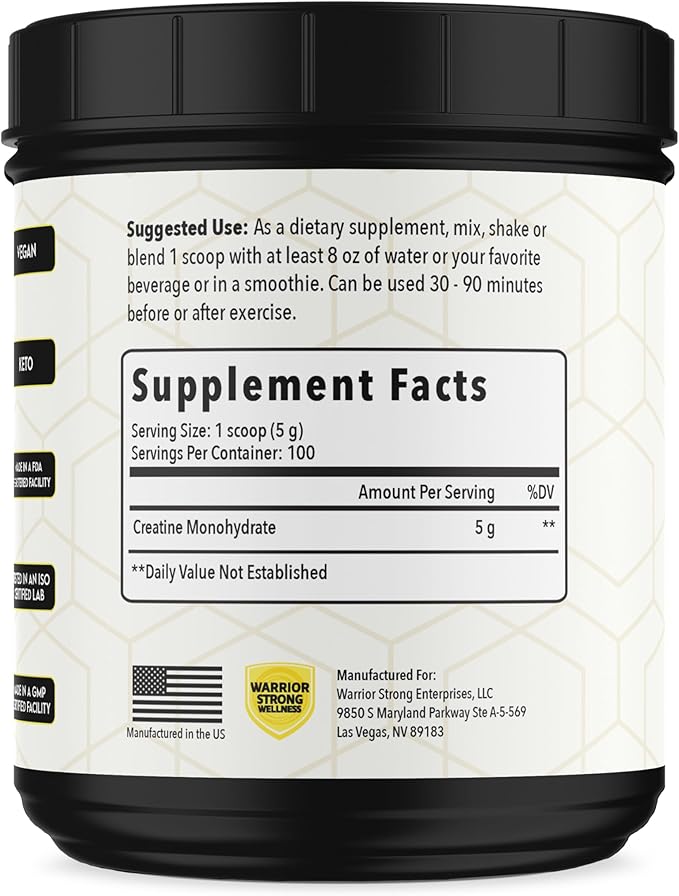 Creatine Monohydrate Powder 1 lb 100 Servings ISO Certified Tested Vegan Unflavored Micronized Powder- Support Muscles Cellular Energy &amp Cognitive Function