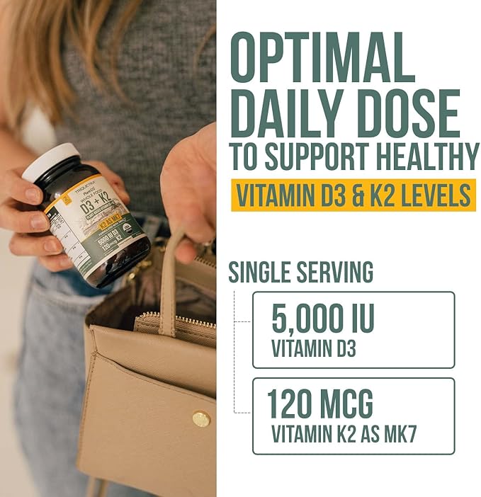 Organic Plant D3 + K2 | 5000 iu D3 + 120 mcg K2 as All-Trans MK7 from MenaQ7® - 100% Whole Food Raw &amp Vegan | Enhanced Digestion with Prebiotic &amp Superfood Complex – D3 from Organic Algae (60