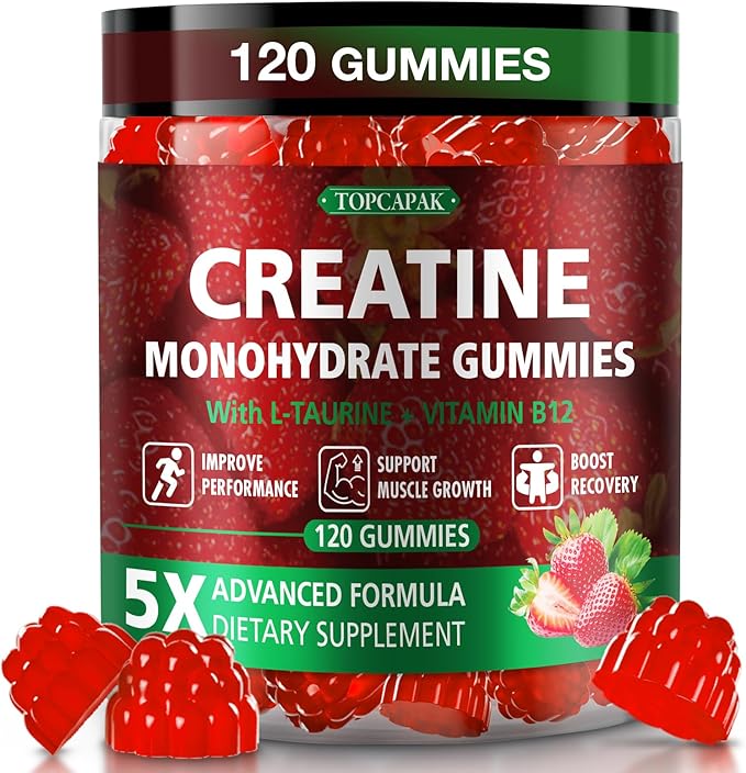 Creatine Gummies for Men &amp Women - Chewable Creatine Monohydrate Gummies with Taurine &amp Vitamin B12 5g Creatine per Serving Vegan Strawberry Flavor 120 Count