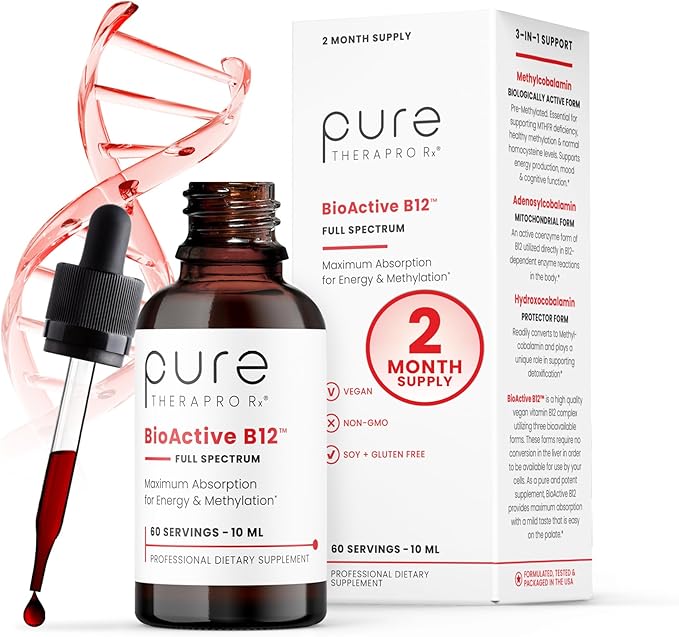 Pure TheraPro BioActive Vegan Methylated Vitamin B12 Sublingual Liquid Methylcobalamin Hydroxocobalamin &amp Adenosylcobalamin 1000 mcg per Drop (5 Drops = 5000mcg / 2 Month Supply) 10 ml