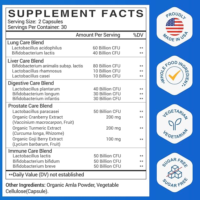 Probiotics for Men 500 Billion CFU &amp 12 Mens Probiotic for Digestive Health + 4 Organic Prebiotic Fiber for Digestive Gut Immune Health Bloating Gas Energy Support Shelf Stable - 60 Capsul