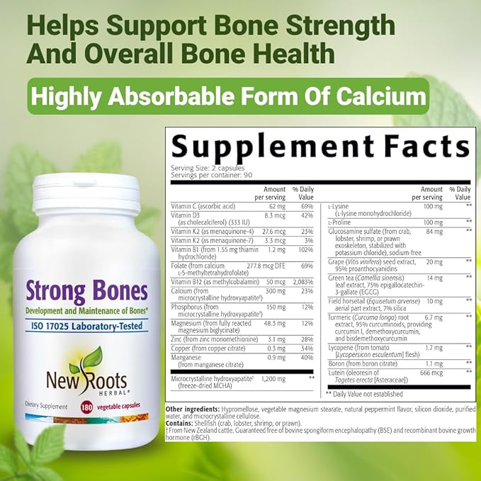Strong Bone Support Supplement – 22-in-1 Calcium Magnesium &amp Vitamin D3 + K2 Formula with Glucosamine &amp Zinc Enhanced Absorption Skeletal Health Capsules 180 Veg Caps | NEW ROOTS HERBAL