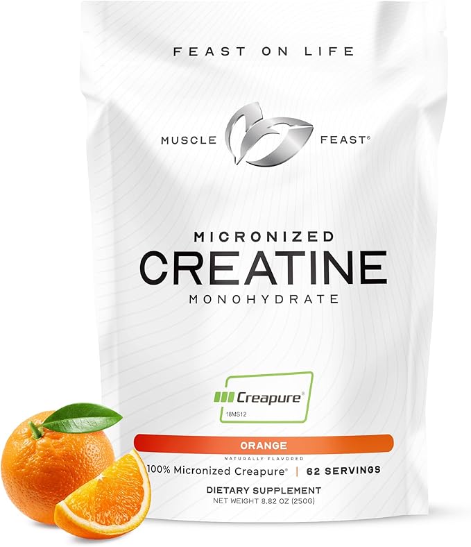 Muscle Feast Creapure - Micronized Creatine Monohydrate Powder | Premium Pre-Workout or Post-Workout | Flavored Creatine for Women &amp Men | Easy to Mix Gluten-Free Safe and Pure (Orange 250g)