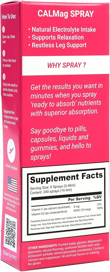 Spectraspray CalMAG + D3 Herbal Oral Supplement Spray Natural Orange Flavor Vegan &amp Non-GMO Formula Calcium + Magnesium 8 mg Vitamin C &amp 400 IU D3 per Serving 30 Day Supply