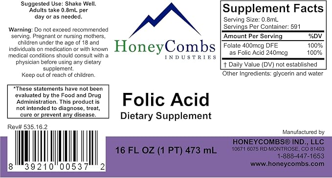 HoneyCombs Vitamin B9 Liquid Drops - High Potency Liquid Vitamin B9 Folic Acid Supplement for Women - Maintain Healthy Liver Pregnancy &amp Overall Health - Cold Pressed Vegan Vitamins Drops (16 Fl