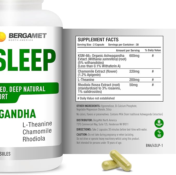 BergaMet 4 Sleep Support Formula with Ashwagandha KSM-66 Rhodiola Chamomile Extract &amp L-Theanine – Natural Aid for Restful Nights and Stress Relief with no Melatonin – 60 Capsules