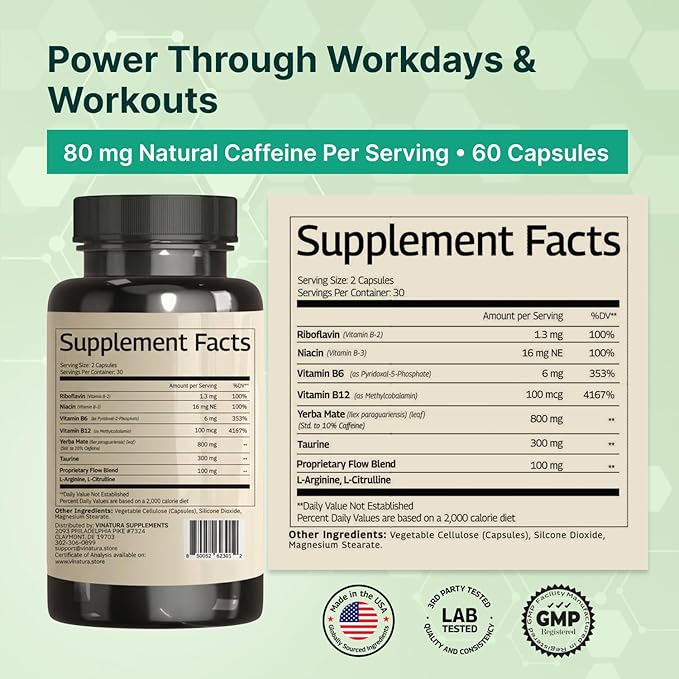 Yerba Mate 1400mg - Magic Natural Caffeine &amp Energy Supplements *USA Made &amp Tested* High Potency Enhanced with Taurine and Vitamin B Complex - 60 Capsules