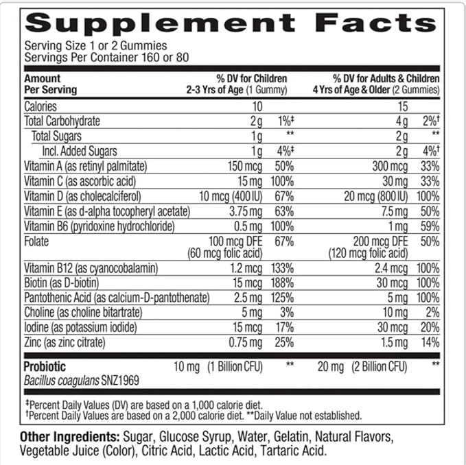 Kids Multivitamin and Probiotic Gummies 160 Count with Vitamins A C D E B Complex and Zinc Berry Fruit Punch Flavored Ages 2-3 and 4+