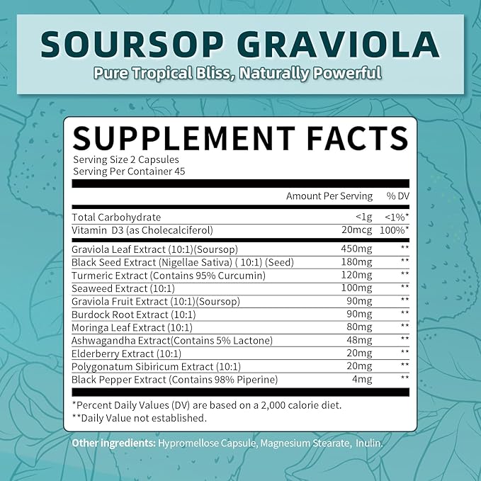 Soursop Graviola Capsules 11 in 1 Soursop Supplement for Gut Health Immune System Antioxidant Support Herb Daily Supplements with Moringa Black Seed TurmericVegan Non-GMO 90 Capsules